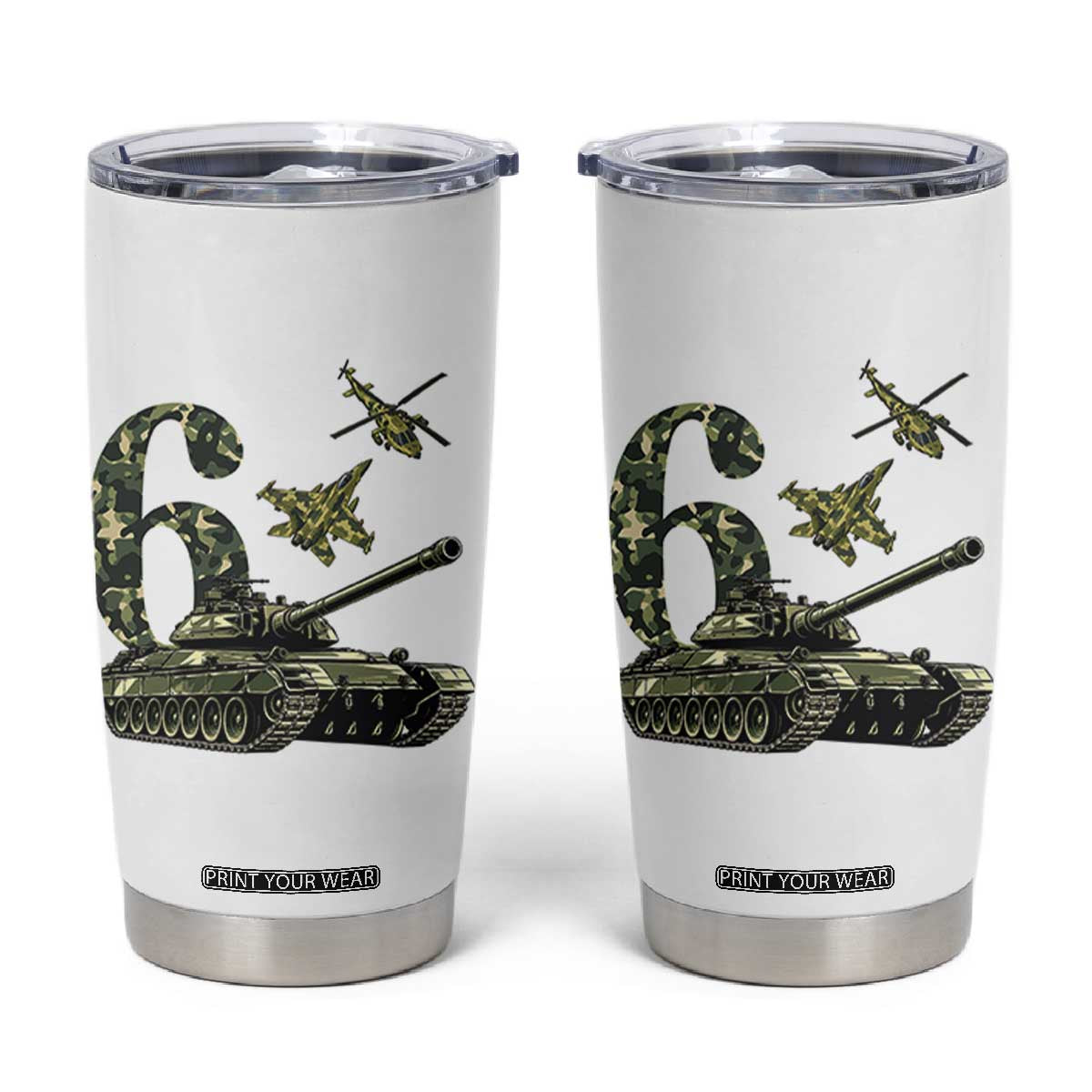Cute Little Soldier 6th Birthday Tumbler Cup Camo Tank Tiny Trooper Party