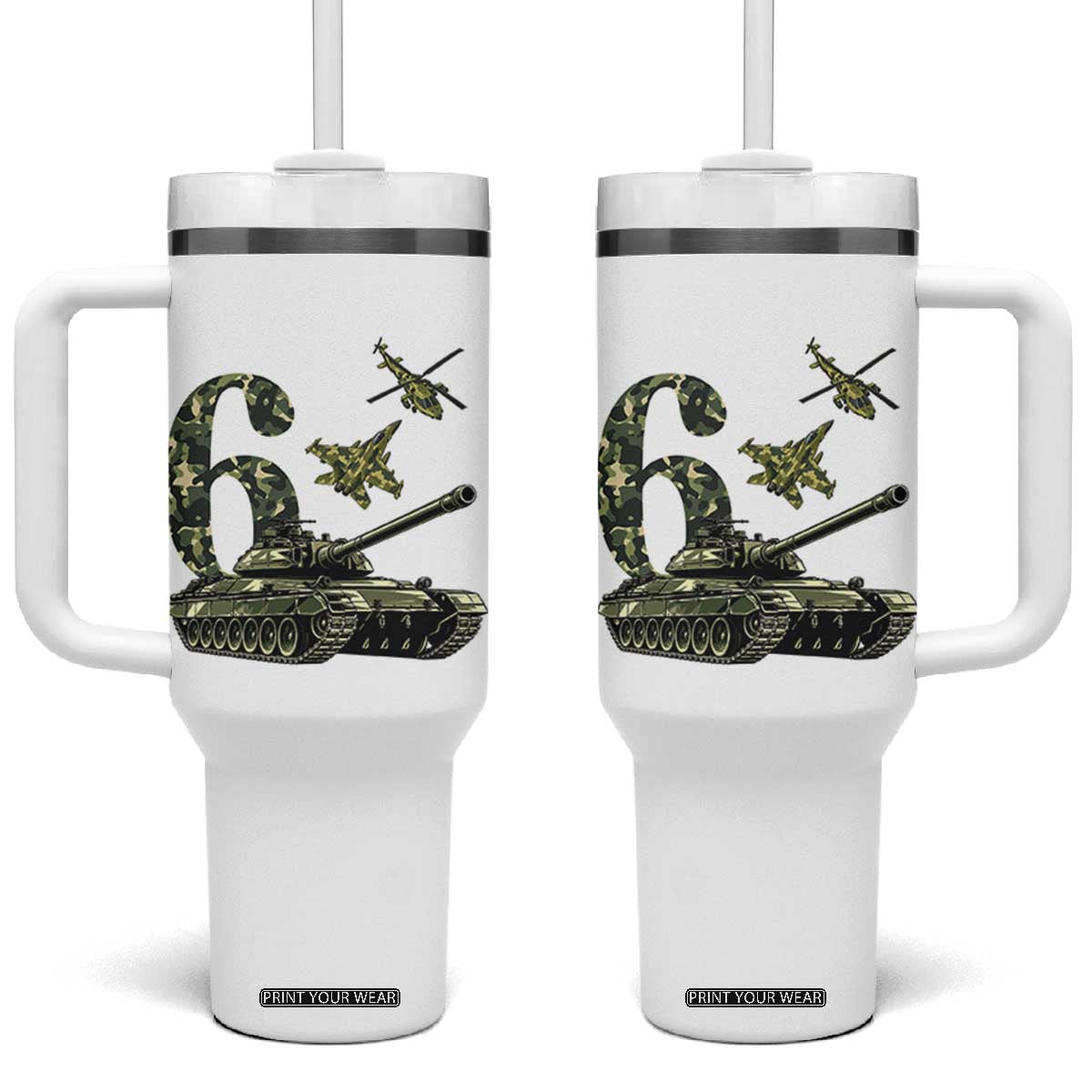 Cute Little Soldier 6th Birthday Tumbler With Handle Camo Tank Tiny Trooper Party