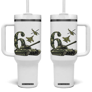 Cute Little Soldier 6th Birthday Tumbler With Handle Camo Tank Tiny Trooper Party