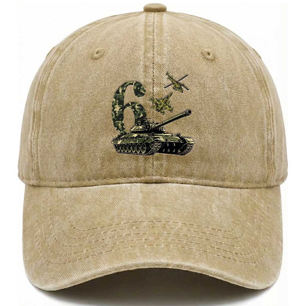 Cute Little Soldier 6th Birthday Washed Cotton Baseball Cap Camo Tank Tiny Trooper Party