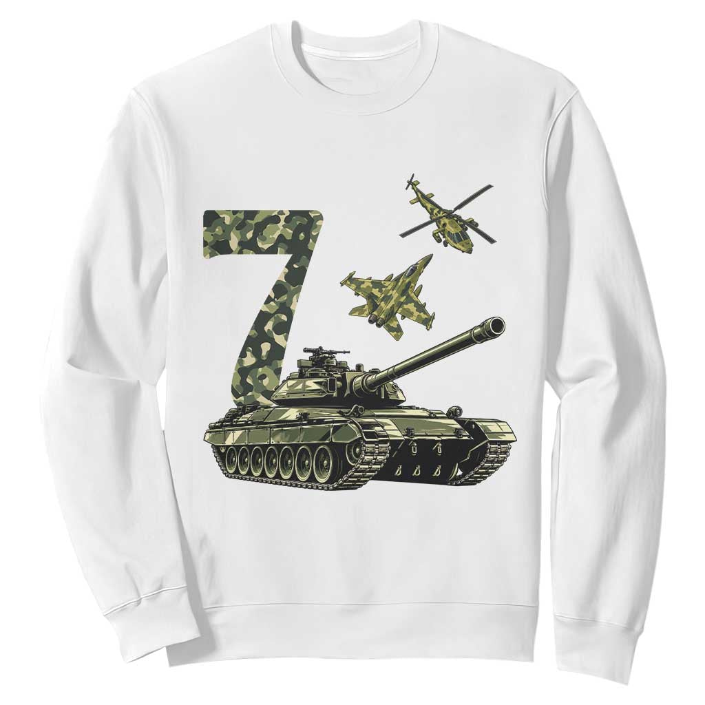 Cute Little Soldier 7th Birthday Sweatshirt Camo Tank Tiny Trooper Party
