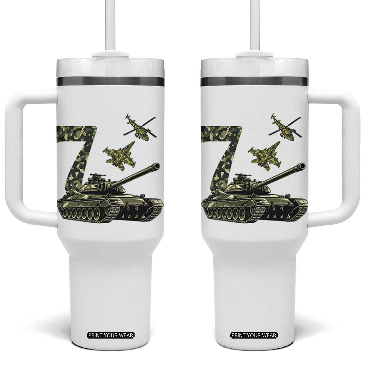 Cute Little Soldier 7th Birthday Tumbler With Handle Camo Tank Tiny Trooper Party
