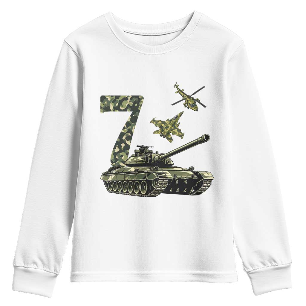Cute Little Soldier 7th Birthday Youth Sweatshirt Camo Tank Tiny Trooper Party