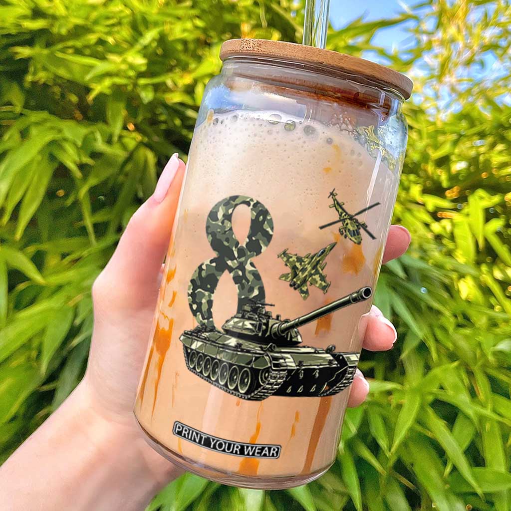 Cute Little Soldier 8th Birthday Glass Can Camo Tank Tiny Trooper Party