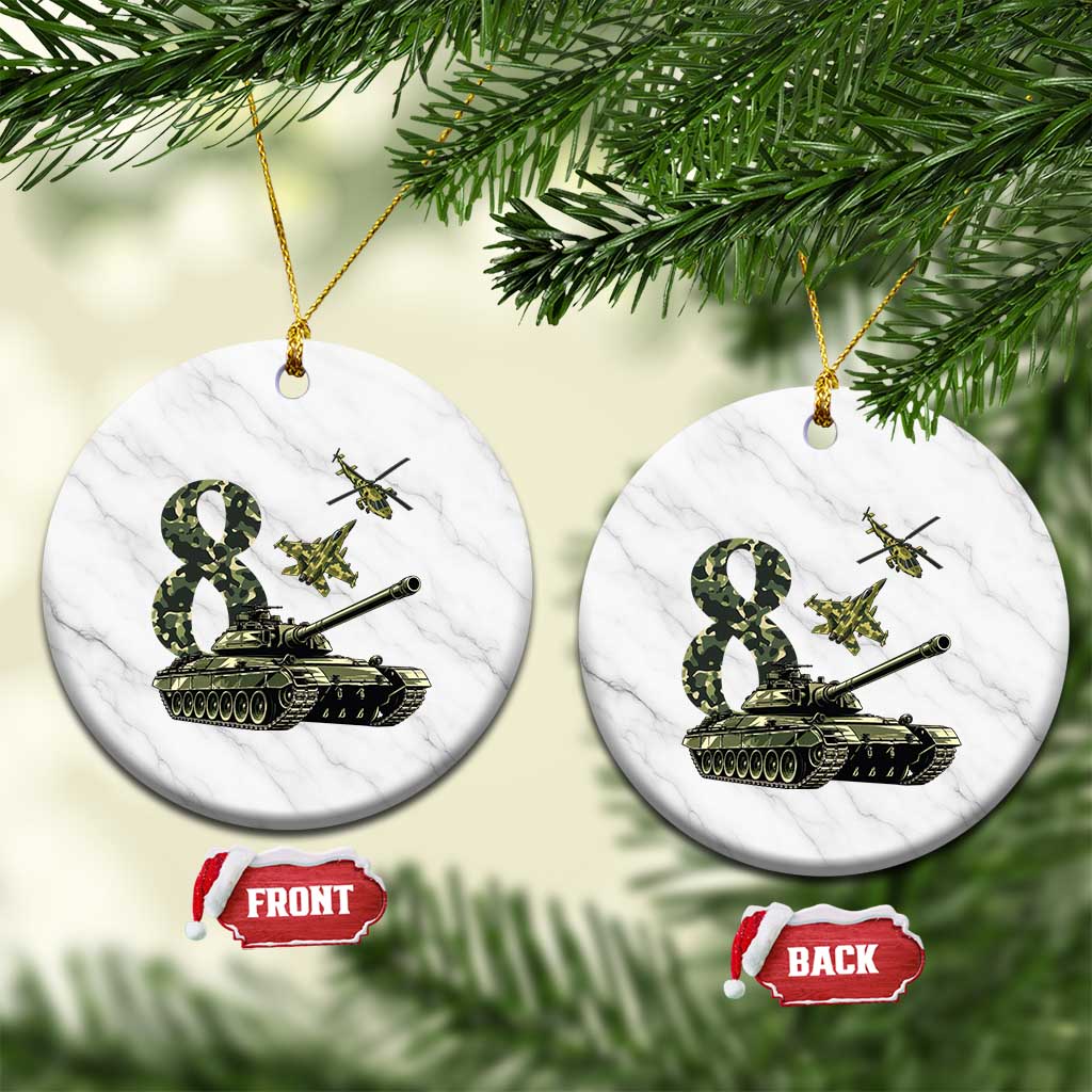 Cute Little Soldier 8th Birthday Ceramic Ornament Camo Tank Tiny Trooper Party