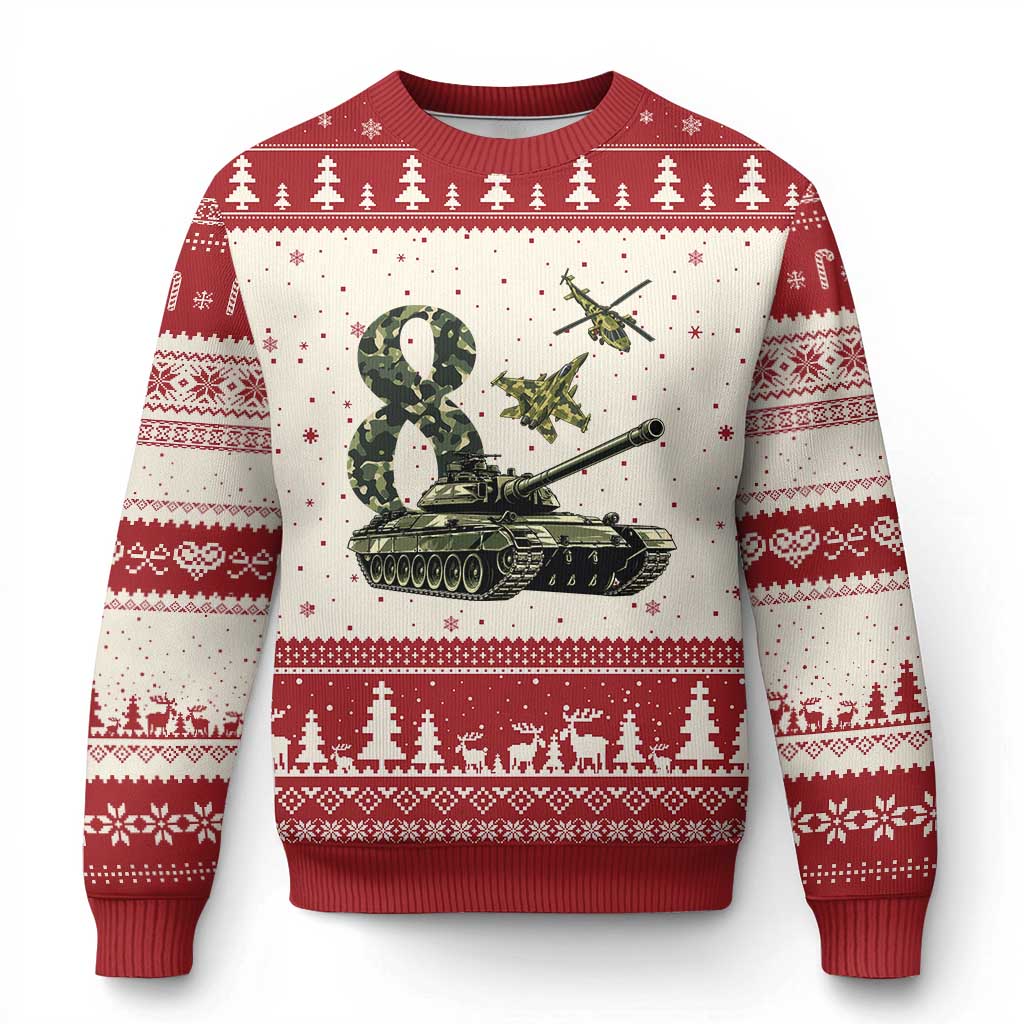 Cute Little Soldier 8th Birthday Ugly Christmas Sweater Camo Tank Tiny Trooper Party
