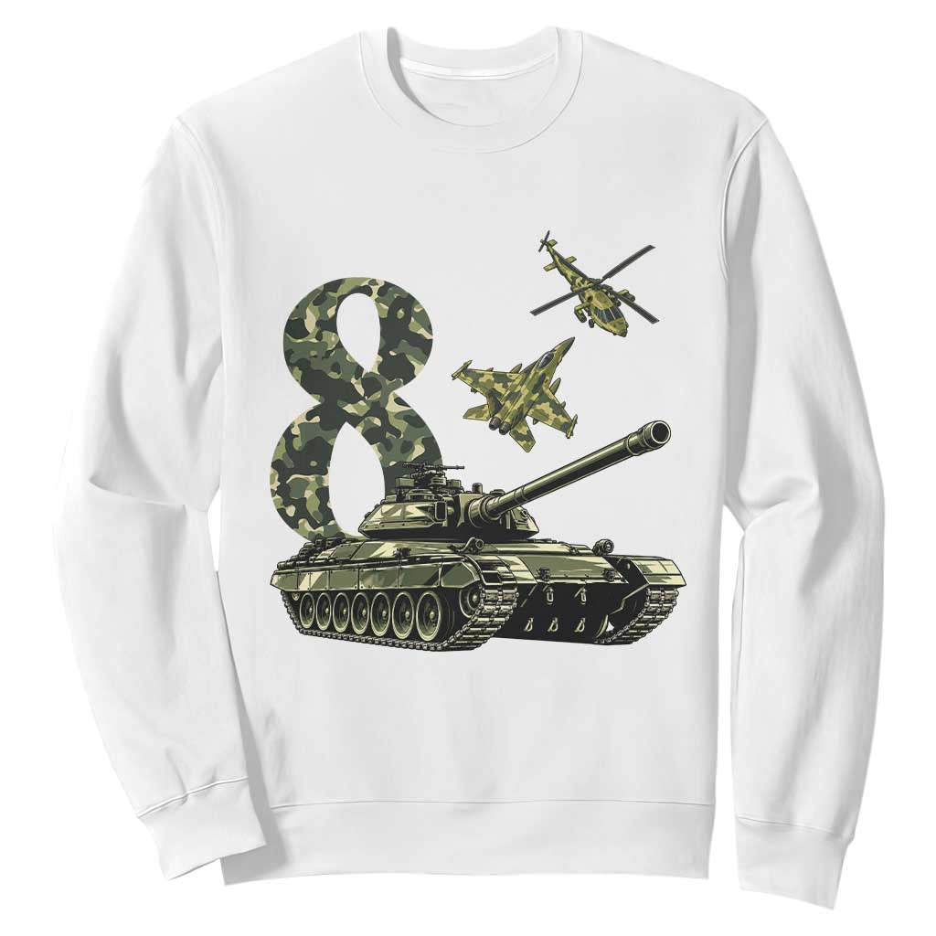 Cute Little Soldier 8th Birthday Sweatshirt Camo Tank Tiny Trooper Party