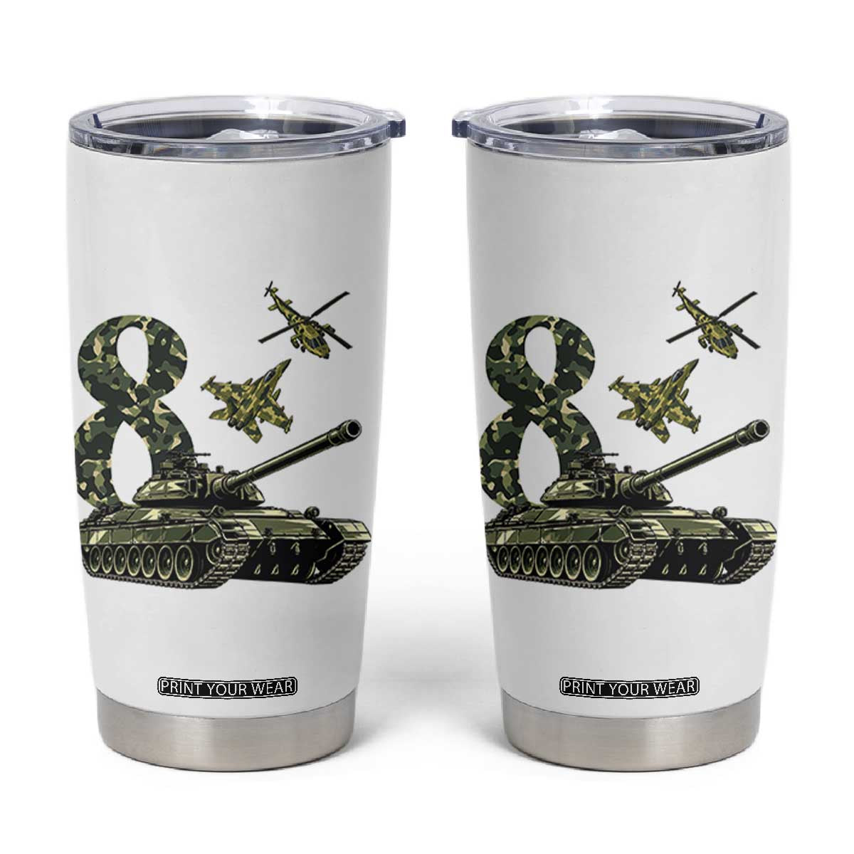 Cute Little Soldier 8th Birthday Tumbler Cup Camo Tank Tiny Trooper Party