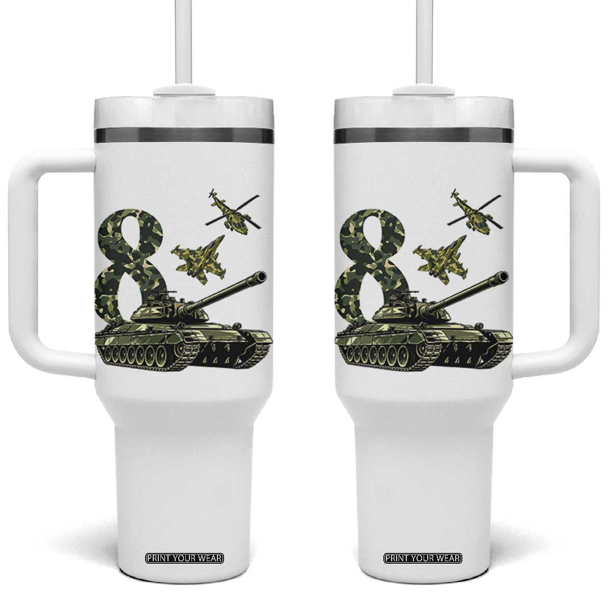 Cute Little Soldier 8th Birthday Tumbler With Handle Camo Tank Tiny Trooper Party