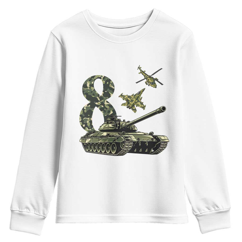 Cute Little Soldier 8th Birthday Youth Sweatshirt Camo Tank Tiny Trooper Party