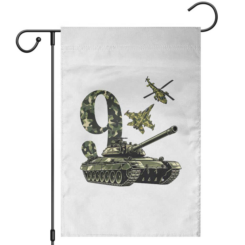 Cute Little Soldier 9th Birthday Garden Flag Camo Tank Tiny Trooper Party