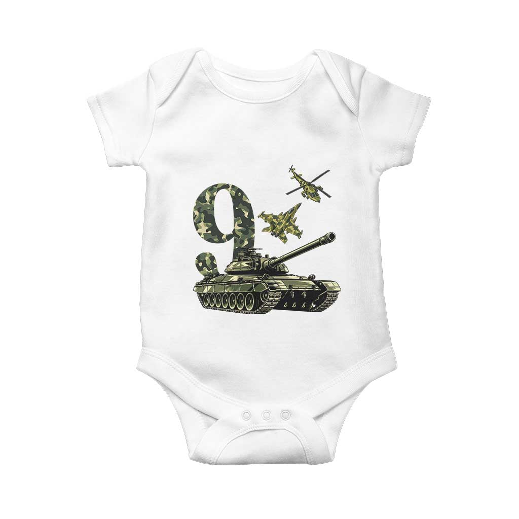 Cute Little Soldier 9th Birthday Baby Onesie Camo Tank Tiny Trooper Party