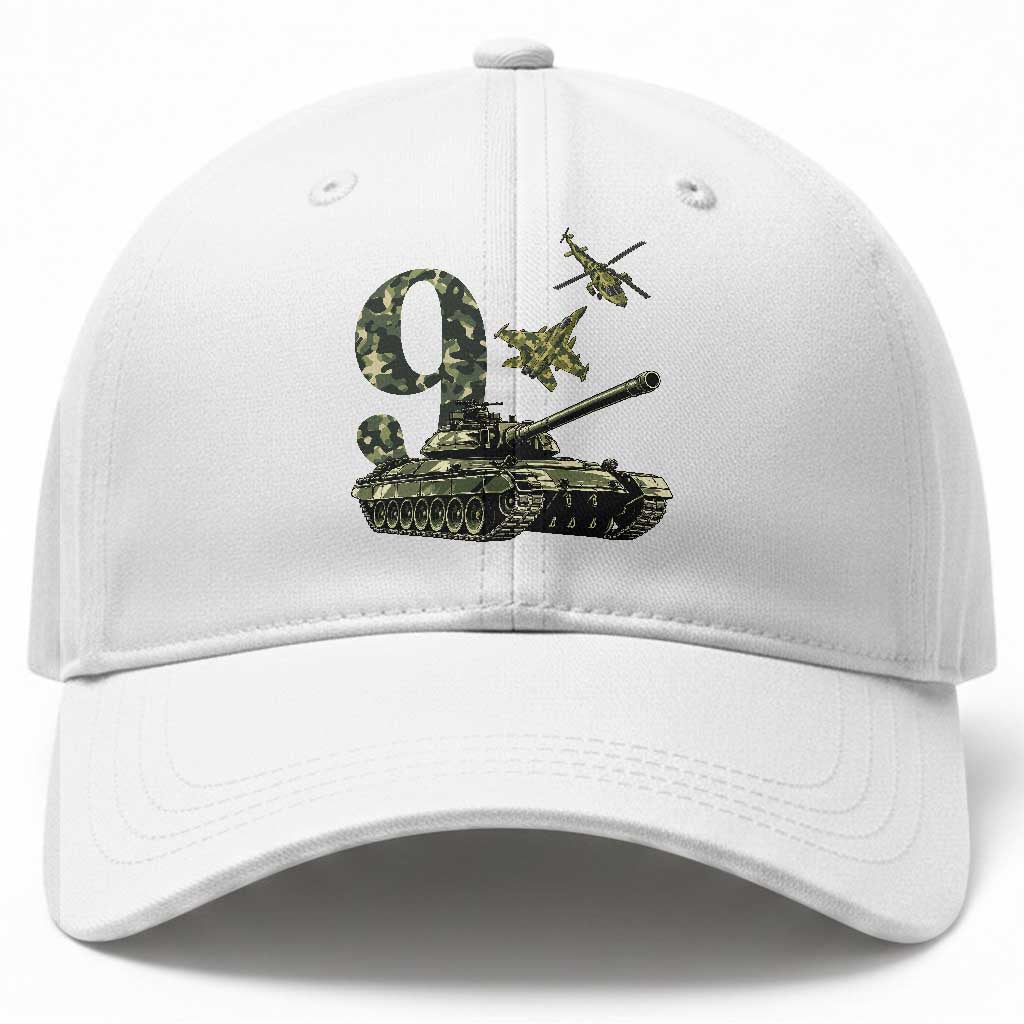 Cute Little Soldier 9th Birthday Baseball Cap Camo Tank Tiny Trooper Party