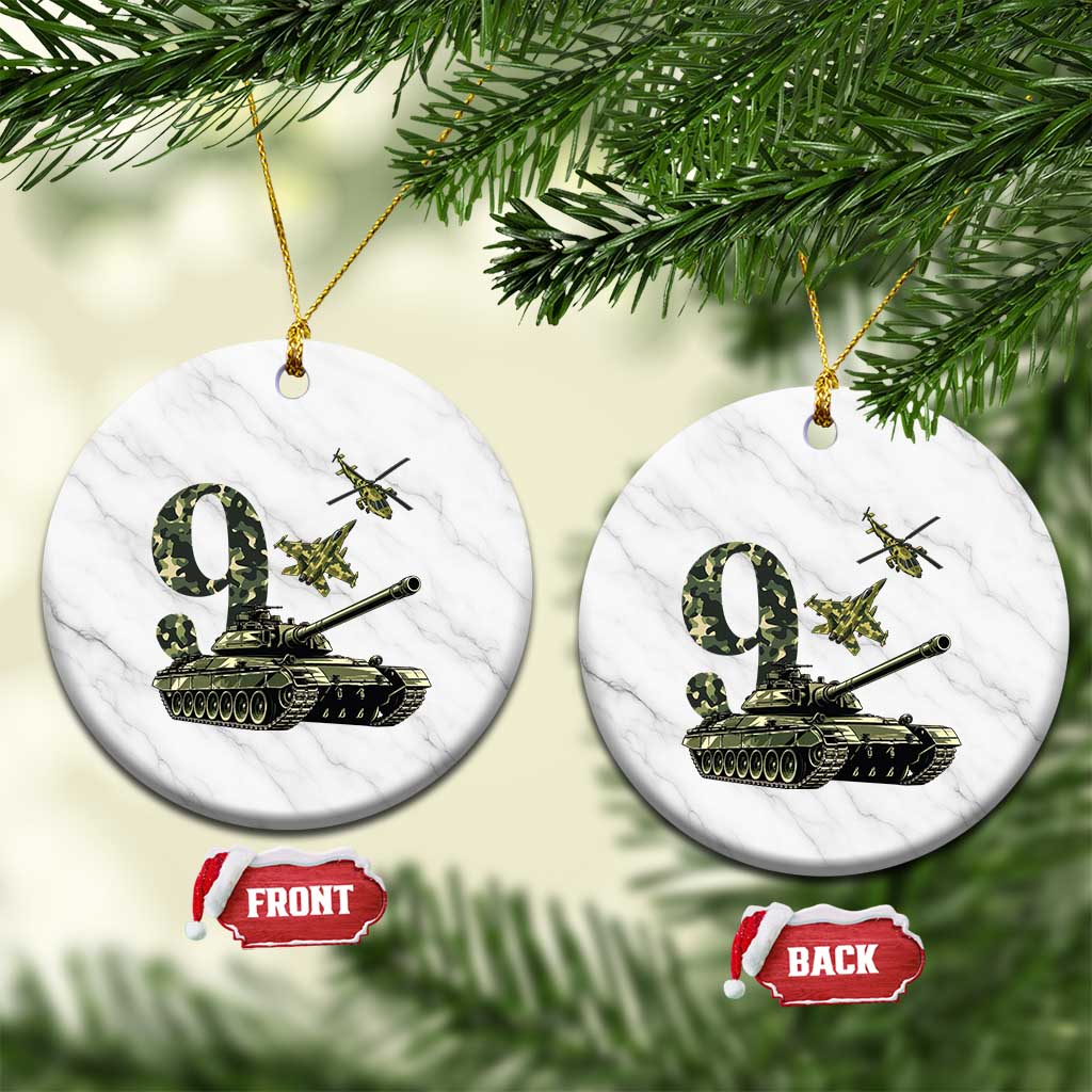 Cute Little Soldier 9th Birthday Ceramic Ornament Camo Tank Tiny Trooper Party