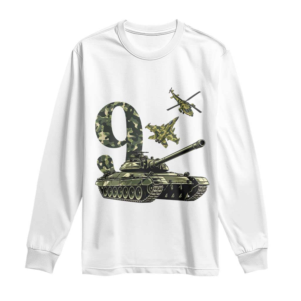 Cute Little Soldier 9th Birthday Long Sleeve Shirt Camo Tank Tiny Trooper Party