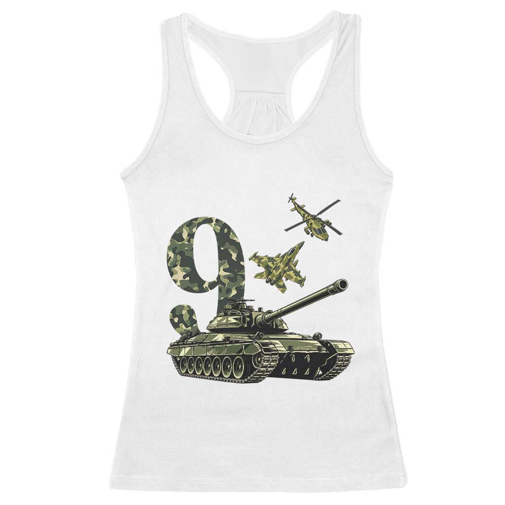 Cute Little Soldier 9th Birthday Racerback Tank Top Camo Tank Tiny Trooper Party