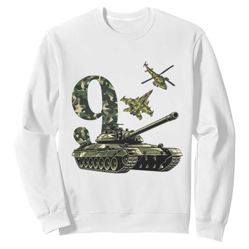 Cute Little Soldier 9th Birthday Sweatshirt Camo Tank Tiny Trooper Party
