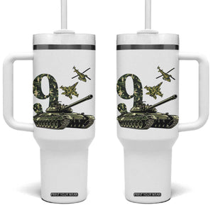 Cute Little Soldier 9th Birthday Tumbler With Handle Camo Tank Tiny Trooper Party