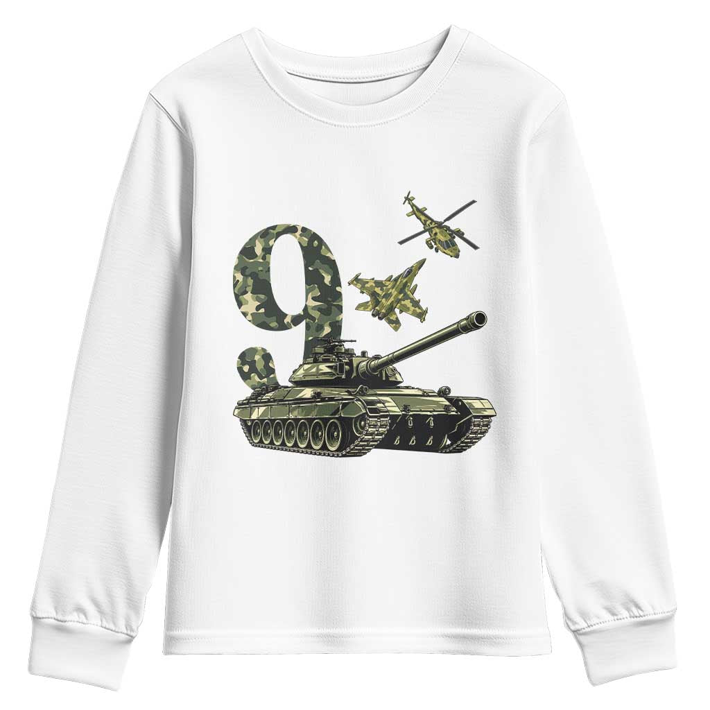 Cute Little Soldier 9th Birthday Youth Sweatshirt Camo Tank Tiny Trooper Party