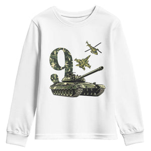 Cute Little Soldier 9th Birthday Youth Sweatshirt Camo Tank Tiny Trooper Party