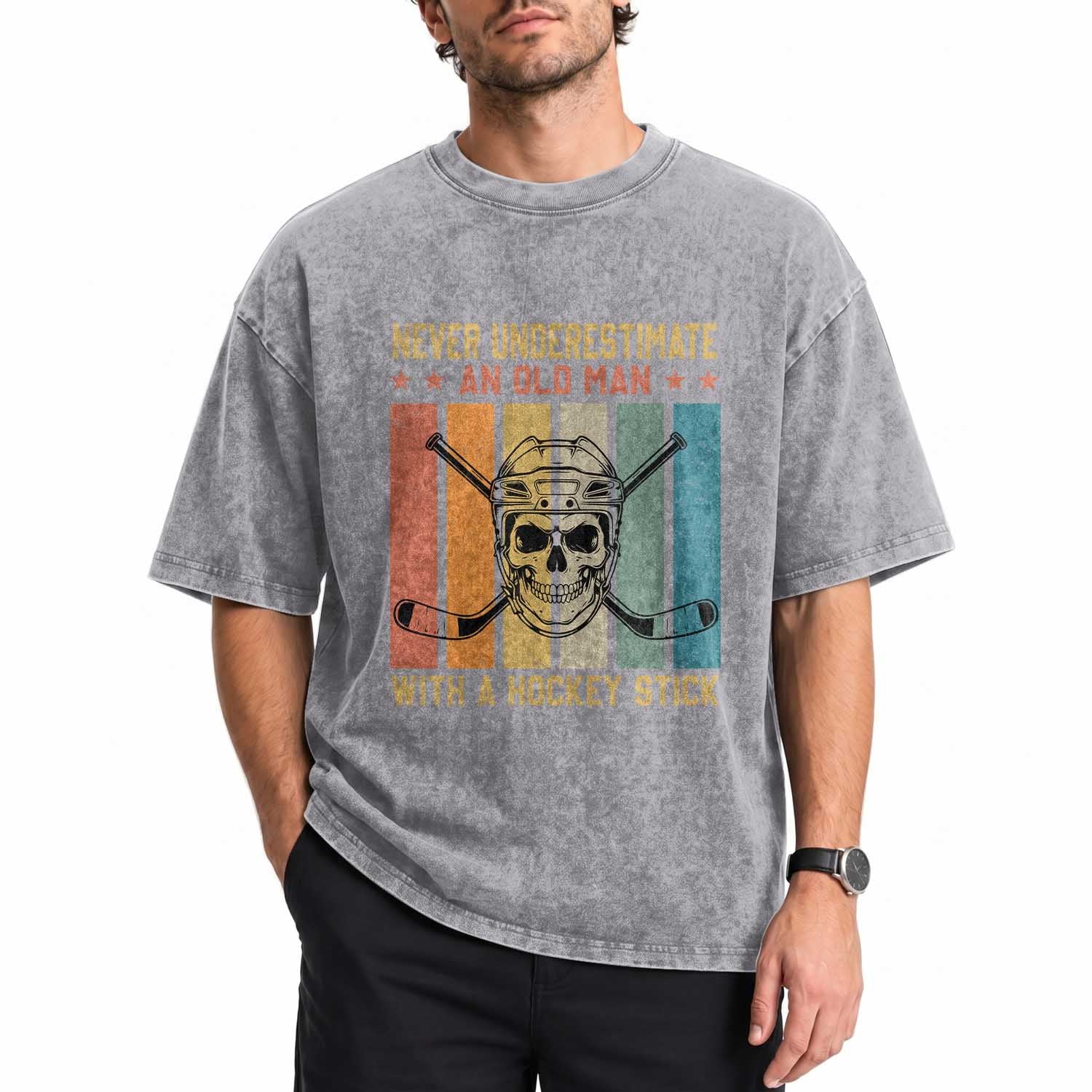 Retro Ice Hockey Player Washed Cotton T-Shirt Funny Never Underestimate An Old Man