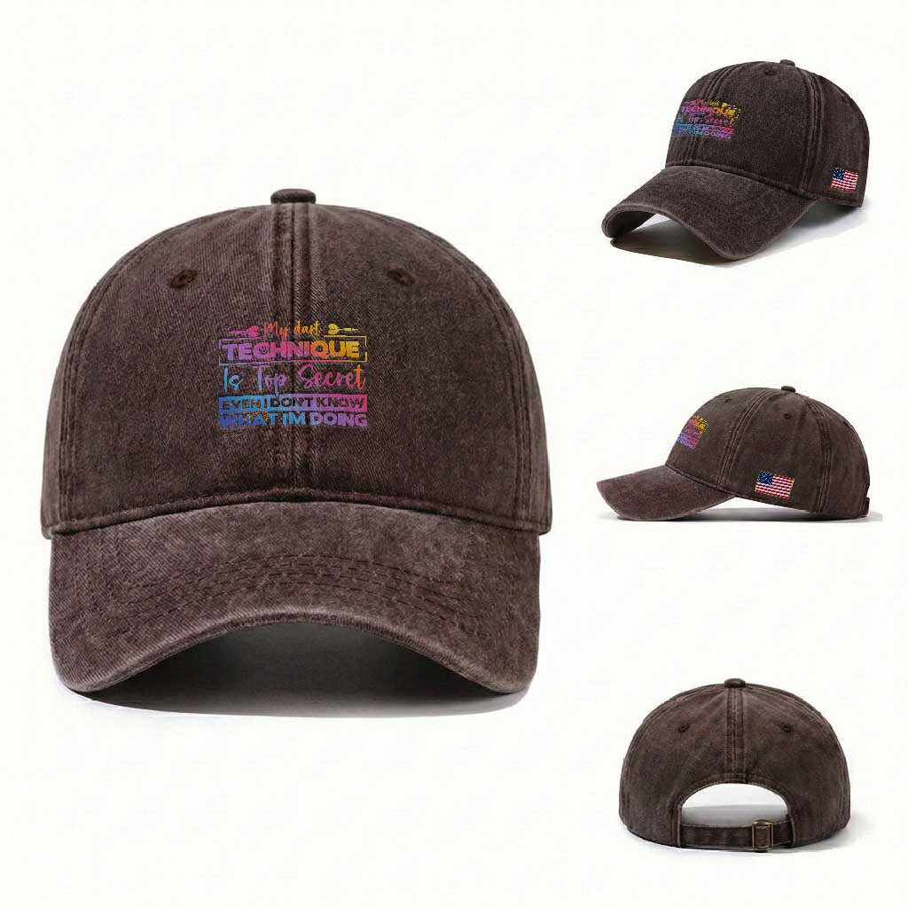 My Dart Technique Is Top Secret Washed Cotton Baseball Cap Funny Dartist Gift TS12 Washed Cap Universal Fit Dark Brown Print Your Wear