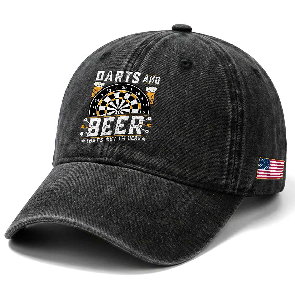 Darts And Beer That Is Why I Am Here Washed Cotton Baseball Cap Funny Pub Game Darts Lover Gift TS12 Print Your Wear