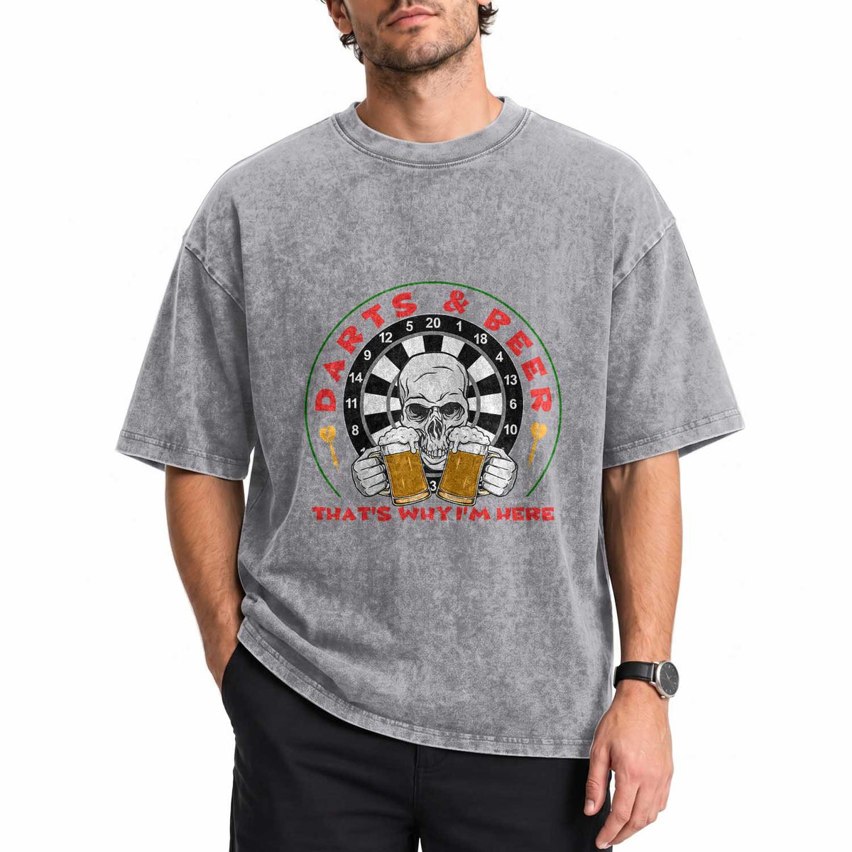 Funny Skeleton Darts Player Beer Lover Washed Cotton T-Shirt That Is Why I Am Here