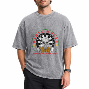 Funny Skeleton Darts Player Beer Lover Washed Cotton T-Shirt That Is Why I Am Here