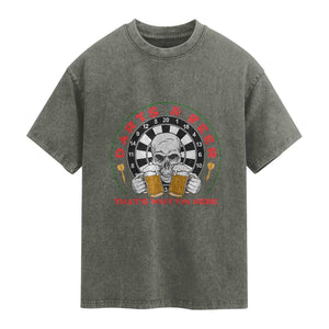Funny Skeleton Darts Player Beer Lover Washed Cotton T-Shirt That Is Why I Am Here