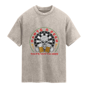 Funny Skeleton Darts Player Beer Lover Washed Cotton T-Shirt That Is Why I Am Here