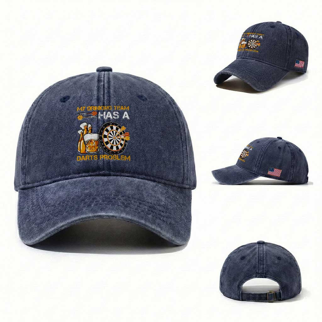 Funny Beer Drinking Darts Problem Washed Cotton Baseball Cap Dart Player Team Gift TS12 Washed Cap Universal Fit Navy Print Your Wear
