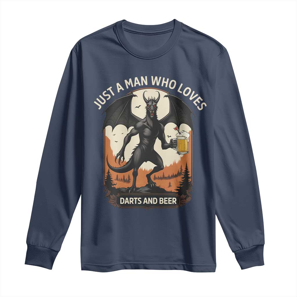 Funny Jersey Devil Loves Darts And Beer Long Sleeve Shirt Cryptid Lover Gift TS12 Navy Print Your Wear