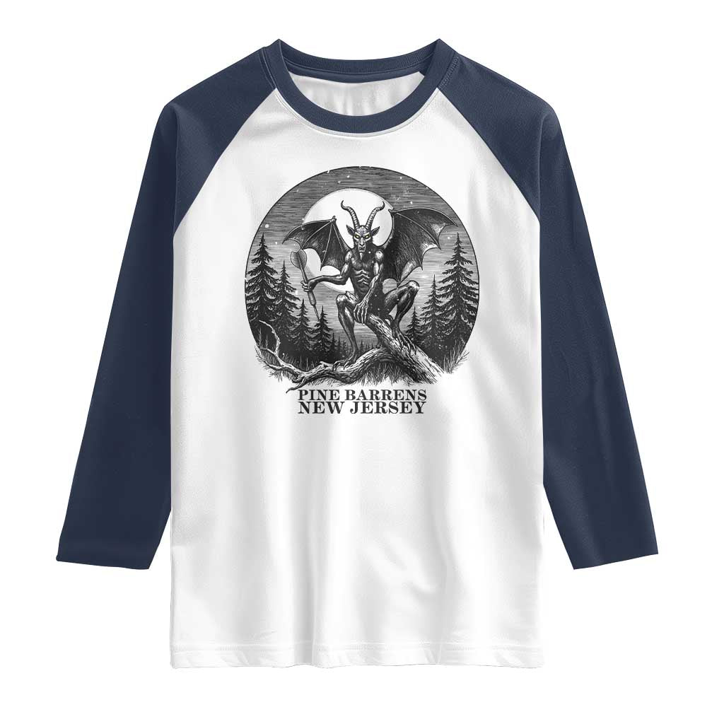 Jersey Devil Playing Dart Raglan Shirt Gothic Horror Gift Pine Barrens New Jersey TS12 White Navy Print Your Wear