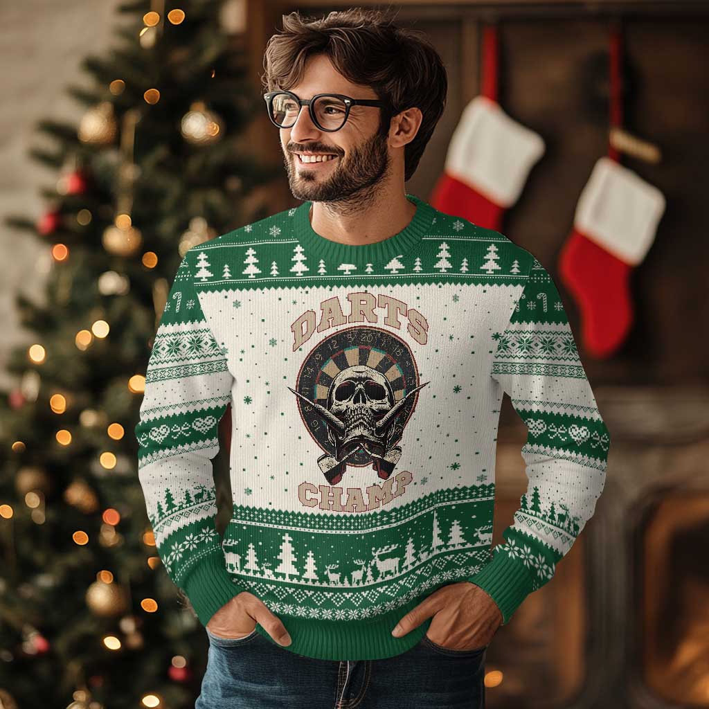 Darts Player Champion Ugly Christmas Sweater Skull Dartboard Retro Style TS12 Beige Green Print Your Wear