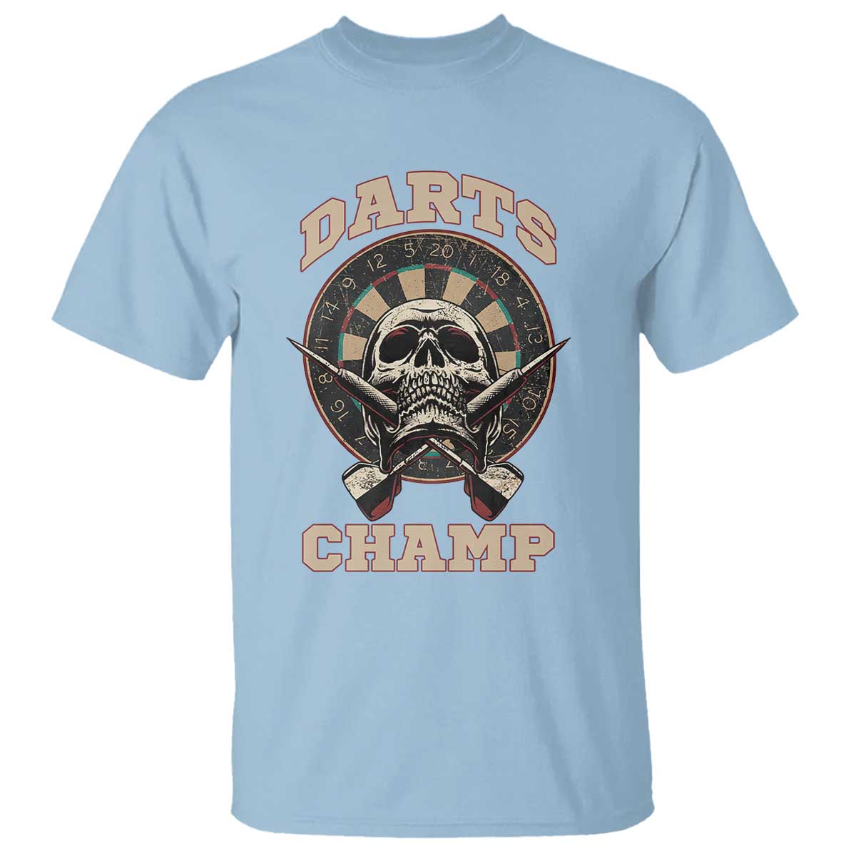 Darts Player Champion T Shirt Skull Dartboard Retro Style TS12 Light Blue Print Your Wear