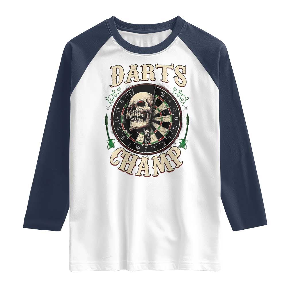 Skull Dartboard Retro Vintage Raglan Shirt Darts Player Champion Gift TS12 White Navy Print Your Wear