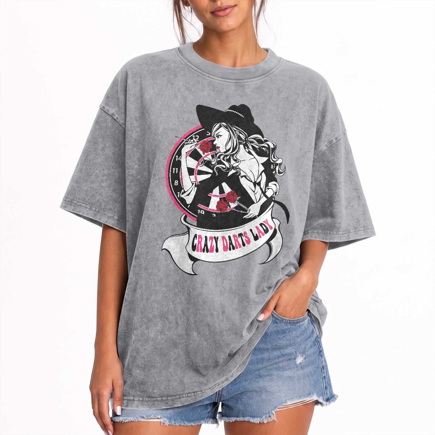 Funny Crazy Darts Lady Washed Cotton T-Shirt Coolest Girls Play Darts
