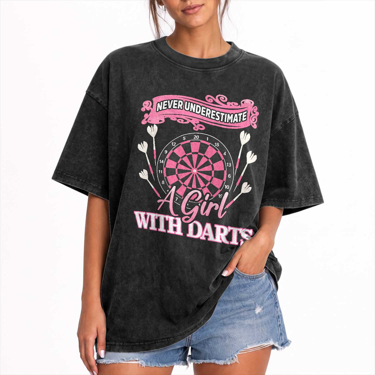 Never Underestimate A Girl Dart Player Gift Idea Washed Cotton T-Shirt