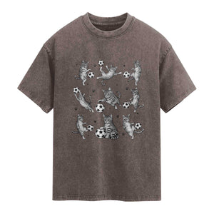 Funny Cat Soccer Player Washed Cotton T-Shirt Gift For Soccer Lovers