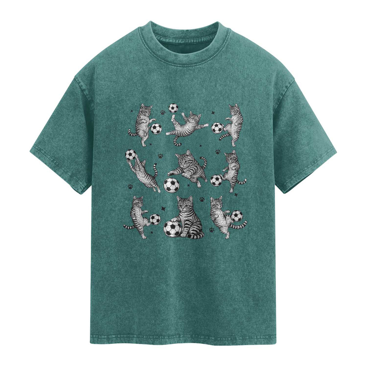 Funny Cat Soccer Player Washed Cotton T-Shirt Gift For Soccer Lovers