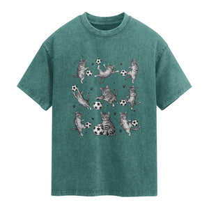 Funny Cat Soccer Player Washed Cotton T-Shirt Gift For Soccer Lovers