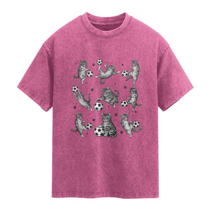 Funny Cat Soccer Player Washed Cotton T-Shirt Gift For Soccer Lovers