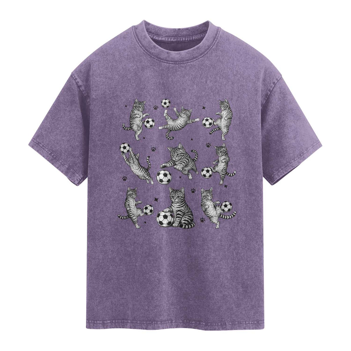Funny Cat Soccer Player Washed Cotton T-Shirt Gift For Soccer Lovers