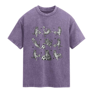 Funny Cat Soccer Player Washed Cotton T-Shirt Gift For Soccer Lovers