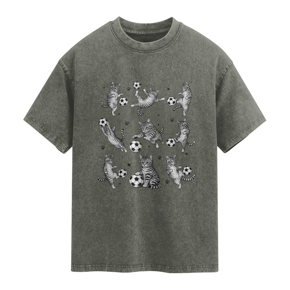 Funny Cat Soccer Player Washed Cotton T-Shirt Gift For Soccer Lovers