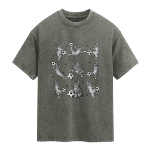 Funny Cat Soccer Player Washed Cotton T-Shirt Gift For Soccer Lovers