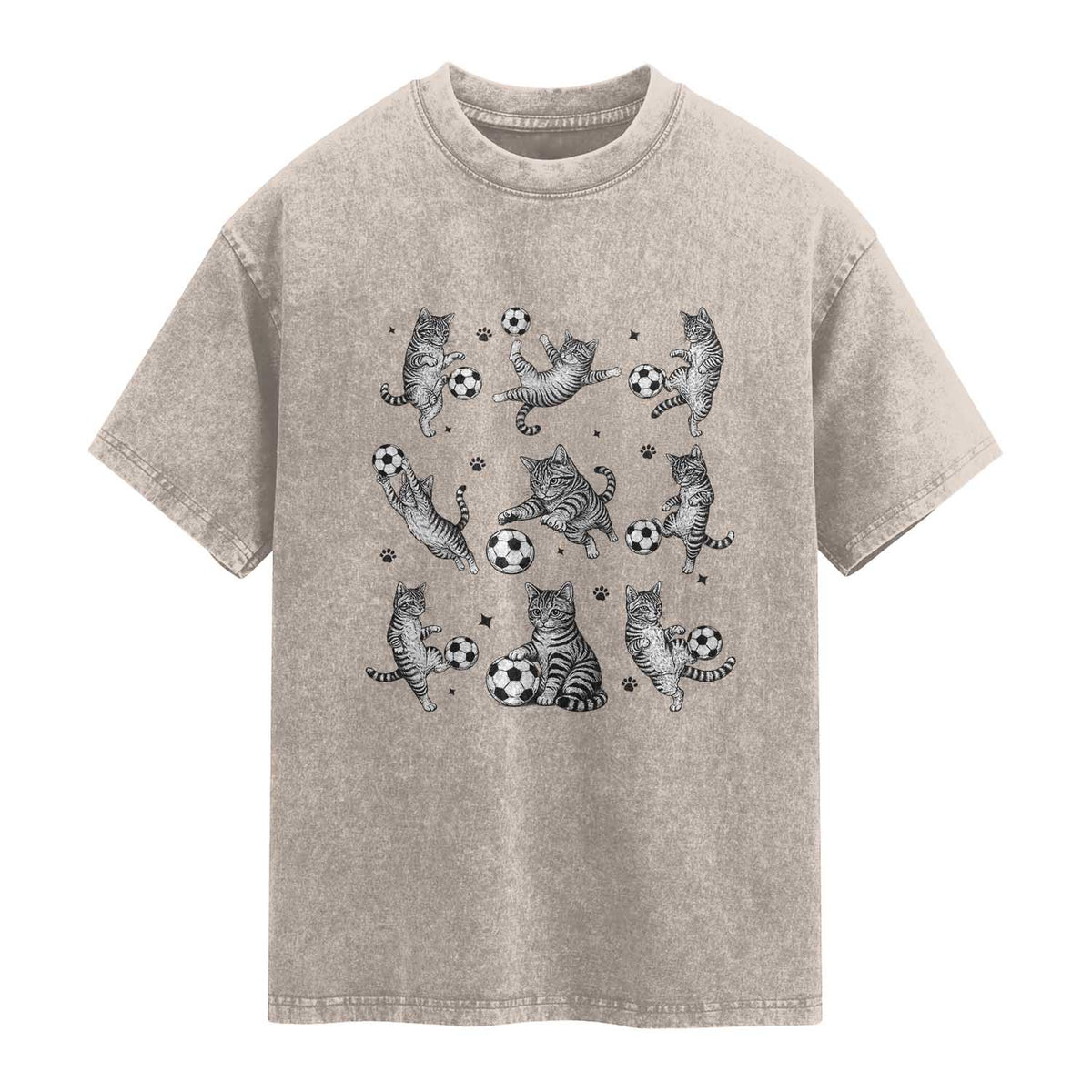 Funny Cat Soccer Player Washed Cotton T-Shirt Gift For Soccer Lovers