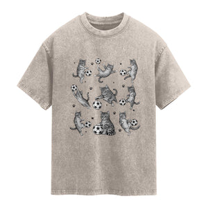 Funny Cat Soccer Player Washed Cotton T-Shirt Gift For Soccer Lovers