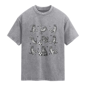 Funny Cat Soccer Player Washed Cotton T-Shirt Gift For Soccer Lovers